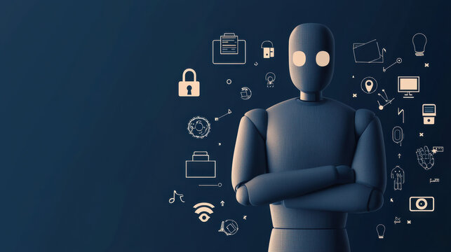 humanoid robot stands with crossed arms surrounded by floating icons representing cybersecurity, technology, and data protection on a dark blue background.