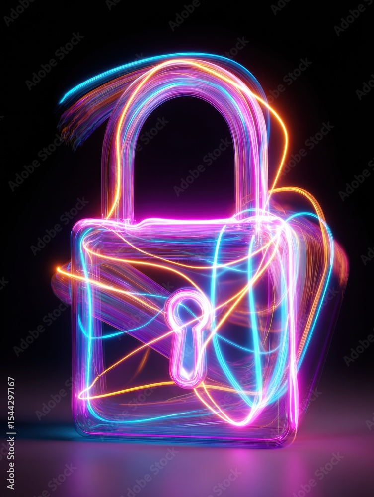 Fototapete abstract padlock illuminated by dynamic neon lines creating a vibrant visual display in a dark envir