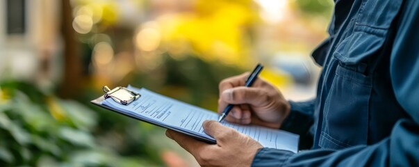 Auto service concept: Mechanic writing job checklist on clipboard for a detailed repair quotation for a client., Generative AI