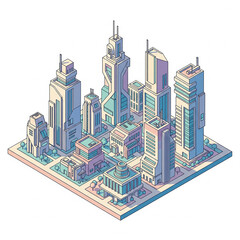 Isometric illustration of a futuristic city with modern architectural design and colorful buildings