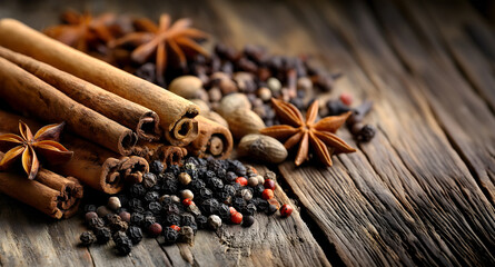 Creative food template. Mixed spices herb, black red peppercorns pepper, cinnamon sticks, star anise on rustic old wooden background. copy text space. banner wallpaper	
