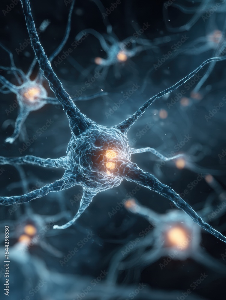 Poster bright nerve cell stands out among blurred neurons, depicting the effects of overstress on brain act