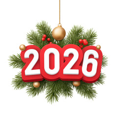 Decorative Christmas wreath with the year 2026 in vibrant red numbers and green pine leaves against a white background Transparent background or png