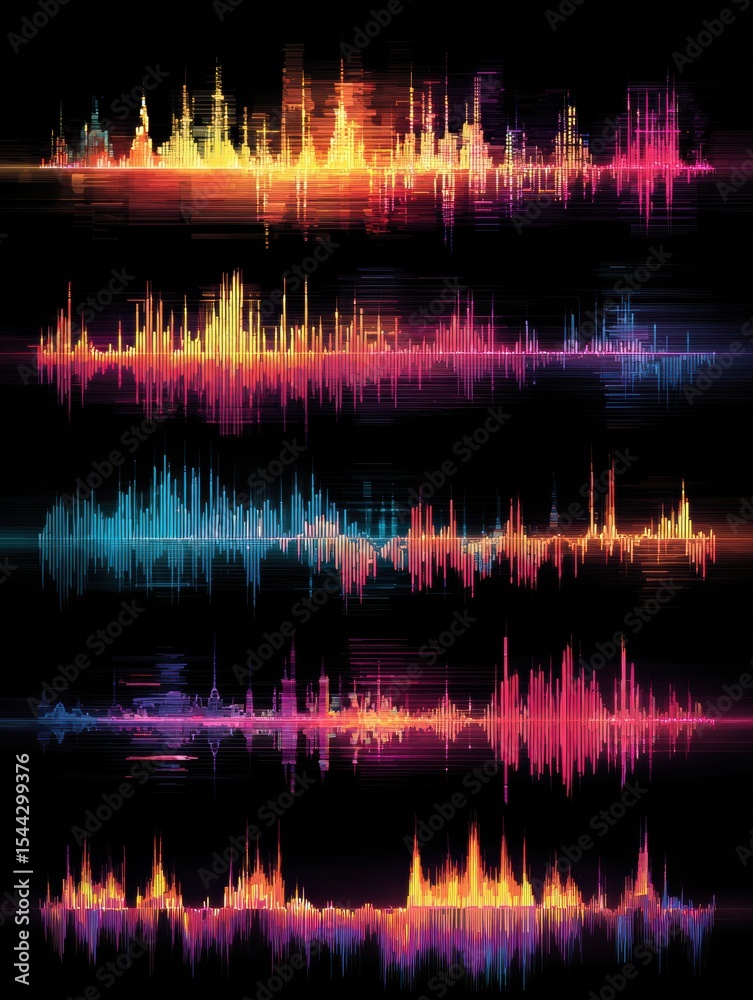 Poster comparison of vibrant audio waveforms illustrating diverse latin music genres through colorful visua