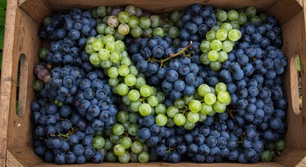 Abundance of Freshly Harvested Grapes in a Wooden Crate