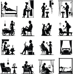 Everyday Life Silhouettes &ndash; Black and White Vector Set Depicting People in Domestic and Leisure Activities