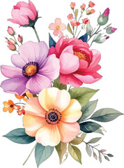 Elegant pink floral clipart for wedding invites. Watercolor bouquet for greeting card design. Hand-painted flower vector for logo element. Pastel floral bouquet for wedding stationery