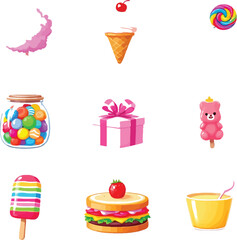 Sweet Treats Grid – Colorful Vector Set Featuring Lollipop, Candy Jar, Sandwich, Popsicle, Gift Box, and Dessert Elements