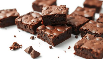 Rich, fudgy homemade chocolate flourless brownies isolated on white, food styling, chocolate