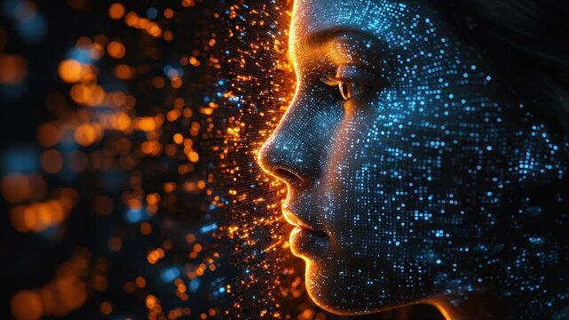 Digital portrait, glowing particles forming a woman's face, warm and cool tones