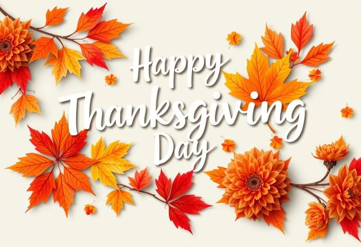 Vector Thanksgiving greeting card with hand-lettered "Happy Thanksgiving Day," autumn doodle leaves, realistic maple leaves & chrysanthemum flowers, flowers, fall graphic