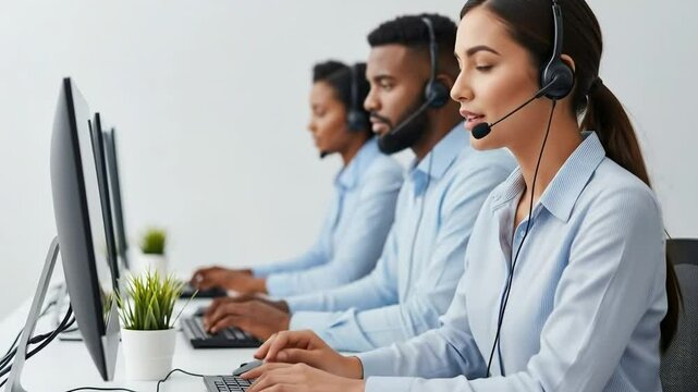 Diverse call center agents working at computers wearing headsets in a row - Powered by Adobe