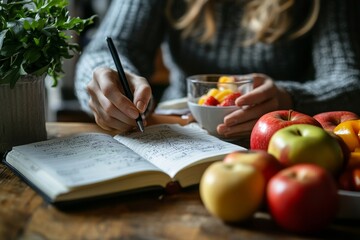 Planning a daily diet: Person writing in a diary to track meals and stay motivated during their dieting journey., Generative AI