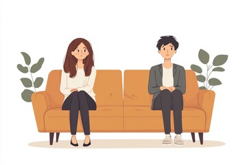 Family divorce concept, husband and wife sitting apart on the sofa after an argument, emotionally disconnected., Generative AI