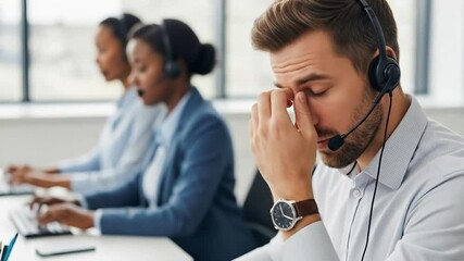 Stressed call center worker with coworkers at desks in office
