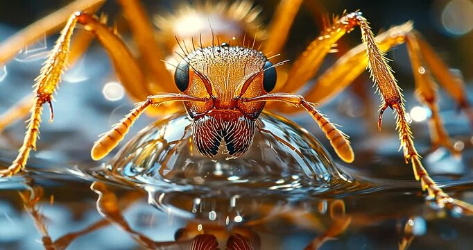 Close-up of a water strider insect gracefully gliding over a shimmering water surface, surrounded by blurred greenery