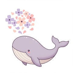 Fototapeta premium Cute Purple Whale with Pastel Flowers