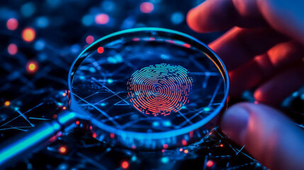 A hand uses a magnifying glass to examine a glowing digital fingerprint on a complex network, symbolizing advanced cybersecurity and identity verification.