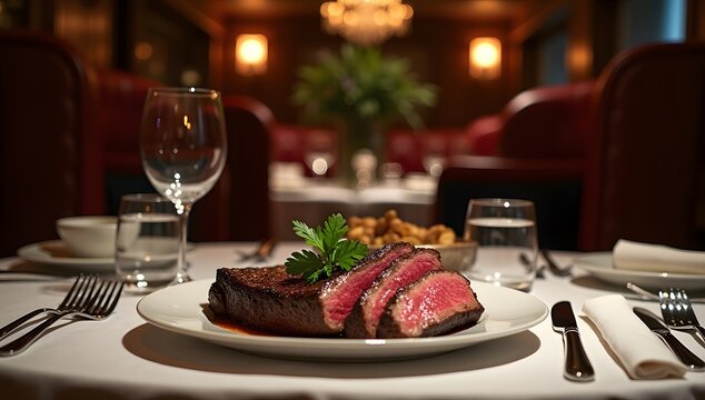 A dimly lit, elegant steakhouse table setting features a sliced medium-rare steak as the centerpiece on a white plate. The steak displays a beautifully seared exterior and a vibrant pink interior. - Powered by Adobe