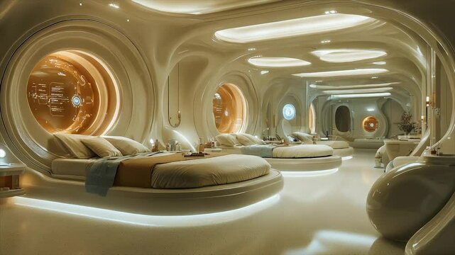Futuristic bedroom with organic curves, soft lighting, and twin beds