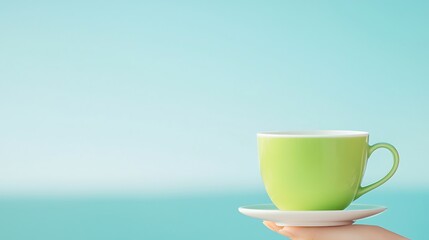 Fototapeta premium Green Cup on Saucer Held Above Aqua Background in a Studio Shot