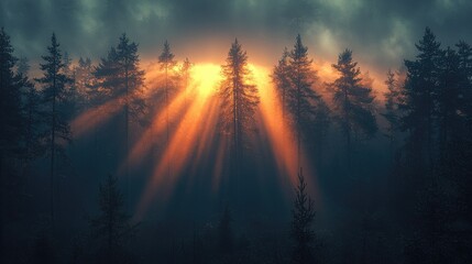 Fototapeta premium Golden rays piercing a misty forest.