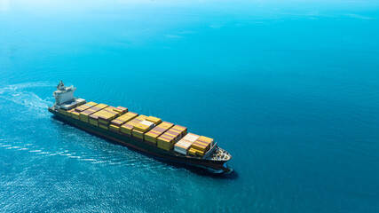 Aerial view of the freight shipping transport system cargo ship container. international...