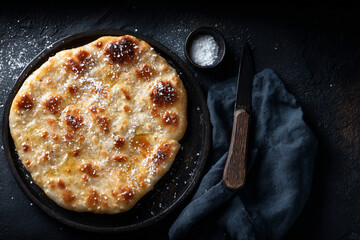 a pizza on a pan with a knife and fork
