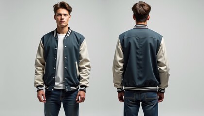 Man in Grey Varsity Jacket with Front and Back Views