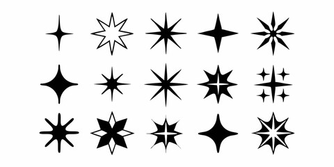 Collection of Fifteen Different Starburst Sparkle Shapes in Black and White for Graphic Design and Illustration Projects