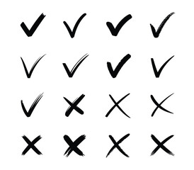 set of 16 hand-drawn check marks and crosses in varied styles, ideal for approval, rejection, or selection in graphic design projects