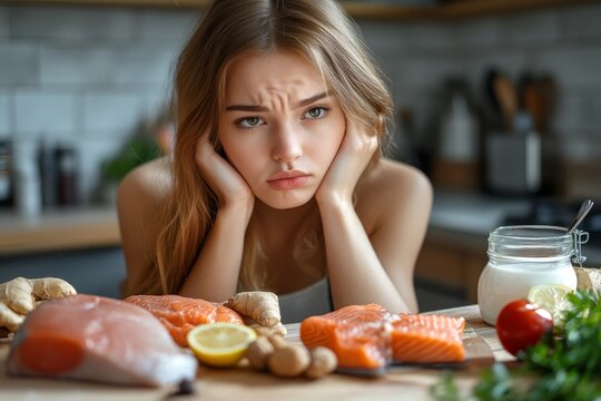 Young female planning a ketogenic diet menu for her weight loss program, prioritizing low-carb, high-fat food choices for health., Generative AI