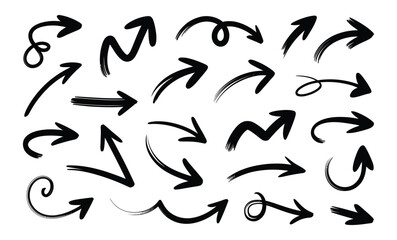 collection of hand-drawn arrows in diverse styles and directions including curved, straight, zigzag, and doodle designs for graphic use