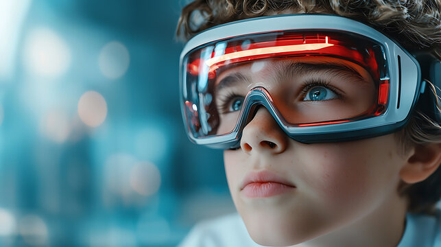 Child engaged in virtual reality experience modern tech lab image of focused exploration futuristic environment close-up view