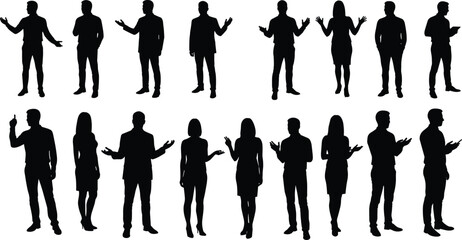 Business people silhouette vector set, professional man and woman gestures, corporate office pose, black figure illustration, team communication concept