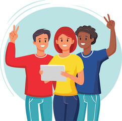 vector illustration of three diverse young people taking a selfie together, smiling and making hand gestures like peace sign, one holding a tablet, minimal line art style with bold primary colors