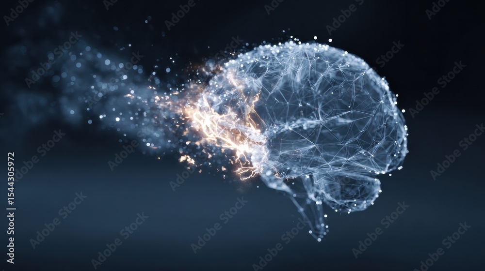 Poster digital brain igniting with vibrant energy in a clean cyber blue environment, representing advanced 