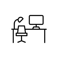 Fototapeta premium Illustration of a desk with a computer chair and a lamp in line art
