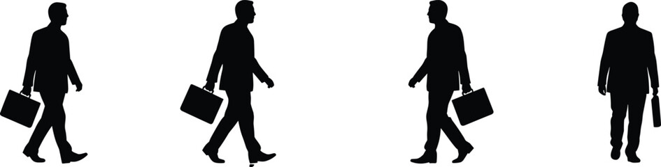 Businessman walking with briefcase silhouette, corporate employee illustration, professional office worker isolated vector, black business figure pose