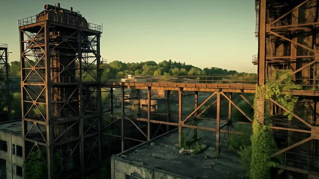 Abandoned rusting factory complex overgrown with vegetation