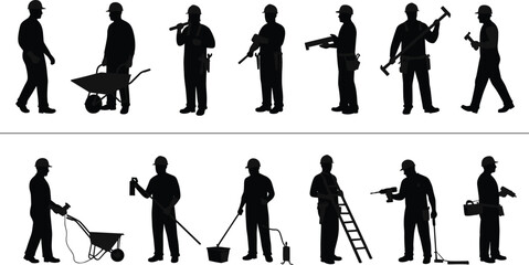 Obraz premium Construction worker silhouettes using tools, carrying equipment, performing labor tasks, ideal for industrial, building, repair, vector illustrations, and job-related themes