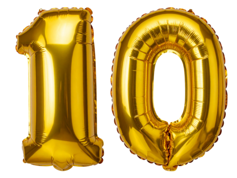  Festive Gold Number 10 Balloon Set with Subtle Shadows and Glow, isolated on transparent background.