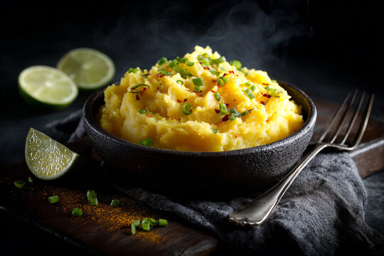 a bowl of mashed potatoes with a lime slice - Powered by Adobe