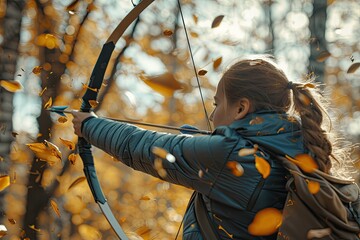 Woman Aiming Her Bow and Arrow During Archery Practice in the Forest with Autumn Leaves Falling