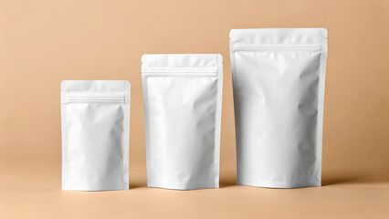 Three Sizes of Blank White Stand-Up Pouches: Packaging Mockup