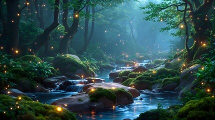 waterfall in the forest.Enchanted Forest Stream: A Magical Woodland Scene with Glowing Lights and Lush Greenery.