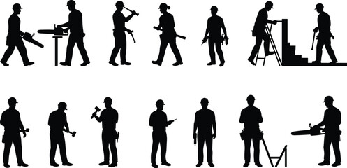 Construction workers using tools, building and repairing, industrial labor silhouettes, hard hats, chainsaws, carpentry work, vector illustration, editable art