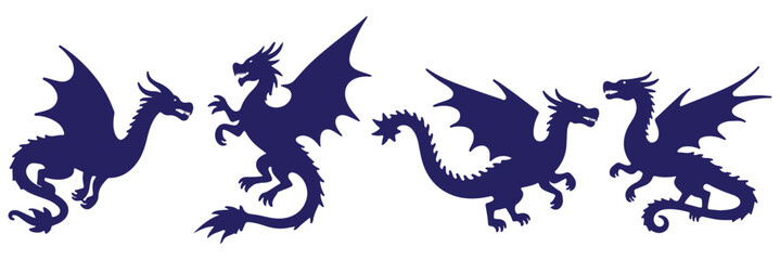 Fototapeta premium A set of Silhouette dragon illustrations in various poses, set of silhouettes of dragons various dragon silhouettes. Mythological creature wild animal. Eps 10 Design.