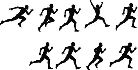 Running athlete silhouette vector set, sprinting man poses collection, fitness sports design, dynamic runner motion, black illustration elements