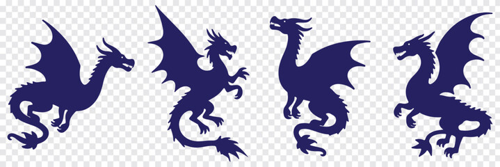 Fototapeta premium A set of Silhouette dragon illustrations in various poses, set of silhouettes of dragons various dragon silhouettes. Mythological creature wild animal. Eps 10 Design.